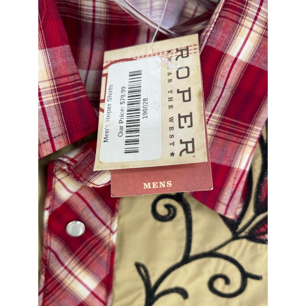 Roper Western Shirt Men L Red Plaid Embroidered Yoke Pearl Snap Smile Pocket NEW - Picture 3 of 15